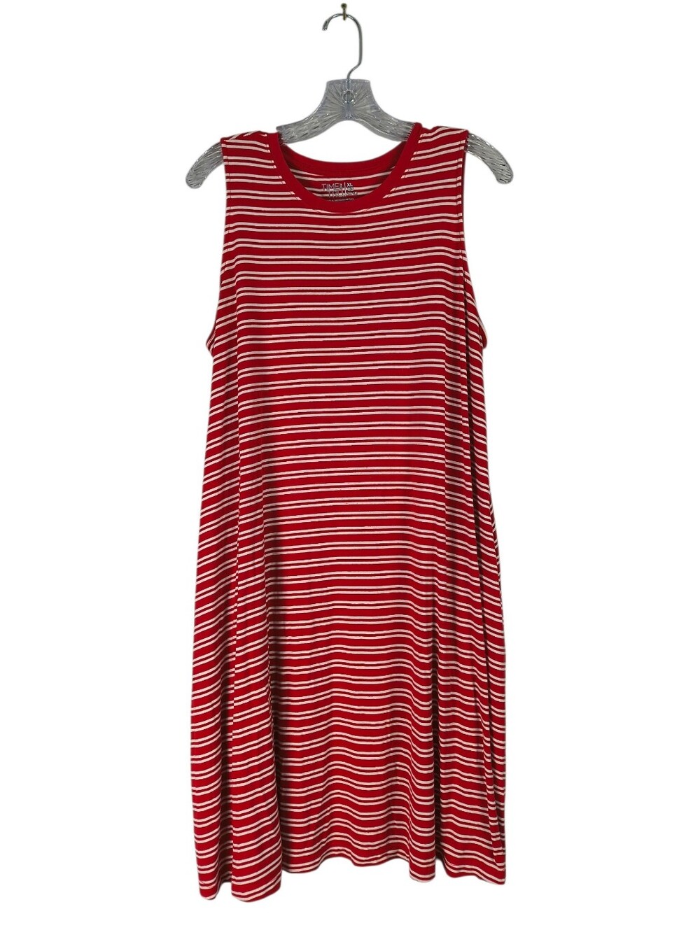 Time & Tru Swing Dress Women's XL Red White Striped Sleeveless Knit Pockets